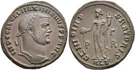 IMPERIO ROMANO. GALERIO MAXIMIANO. Follis. Alejandría (308). A/ Cabeza laureada a der.; IMP C GAL VAL MAXIMIANVS P F AVG. R/ Genio; GENIO IMPERATORIS;...