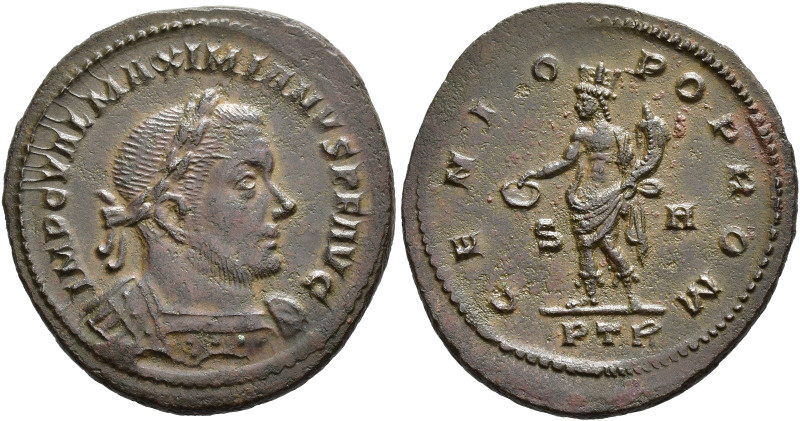 IMPERIO ROMANO. MAXIMIANO. Follis. Treveris (307-308). A/ Busto laureado y acora...