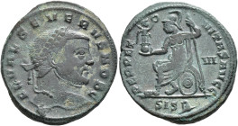 IMPERIO ROMANO. SEVERO II. Follis. Siscia (305-307). A/ Cabeza laureada a dr.; FL VAL SEVERVS NOB C. R/ Roma sentada a izq.; PERPETVITAS AVGG. -/III//...