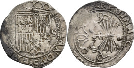 REYES CATÓLICOS. Real. Sevilla. Sin marcas. AR 3,32 g. 24,9 mm. AC-408. Leves oxidaciones y vanos. MBC.