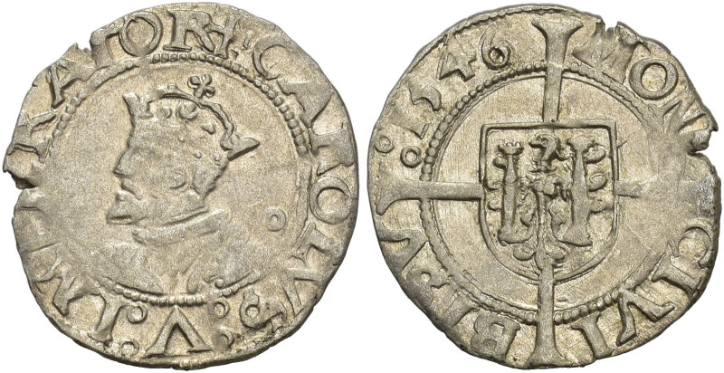 A nombre de Carlos V. 1/2 carlos. 1546. Besanzón. AR 0,72 g. 15,8 mm. R.B.O. EBC...