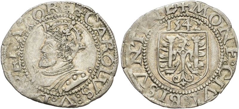 A nombre de Carlos V. Carlos. 1542. Besanzón. AR 1,09 g. 20,2 mm. EBC-.