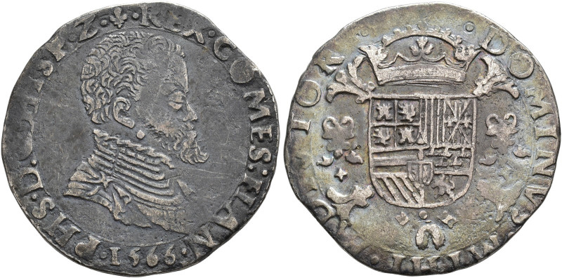 FELIPE II. 1/5 escudo felipe. 1566. Brujas. AR 6 g. 29,4 mm. Vanhoudt-273BG. Lev...