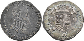FELIPE II. 1/5 escudo felipe. 1566. Brujas. AR 6 g. 29,4 mm. Vanhoudt-273BG. Leves erosiones. MBC-.