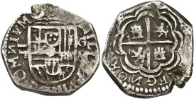 FELIPE III. 2 reales. Sin fecha visible. Valor a izq. G/M a der. Tipo OMNIVM. C N retrógradas en ley. Granada. AR 6,81 g. 22,4 mm. AC-tipo 118. Cospel...