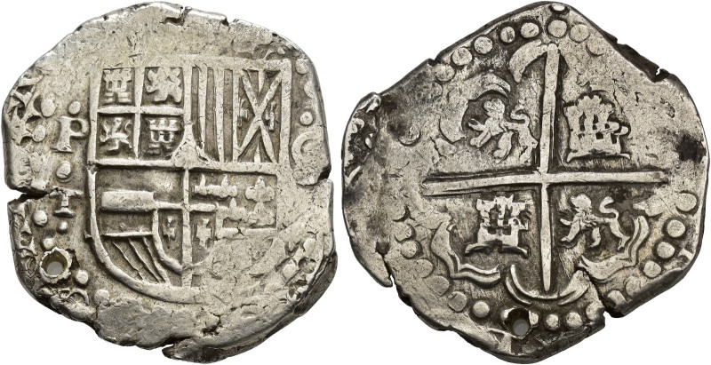 FELIPE III o IV. 8 reales. Potosí. T valor 8. Fecha no visible. Leones y castill...