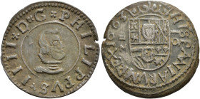 FELIPE IV. 16 maravedís. 1663. Valladolid. AE 3,44 g. 25,2 mm. AC-510 var. Jirones hacia fuera. MBC-.