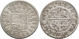 FELIPE V. 2 reales. 1737. Madrid. JF. AR 5,69 g. 26,5 mm. VI-640. Pequeñas marcas. MBC-.