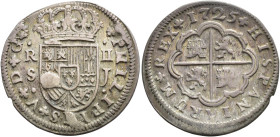 FELIPE V. 2 reales. 1725. Sevilla. J. AR 5,62 g. 27,7 mm. VI-786. Rebabas por rotura de cuño en anv.