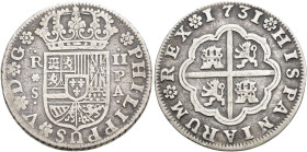 FELIPE V. 2 reales. 1731. Sevilla. PA. AR 5,52 g. 26,9 mm. VI-790. MBC-.