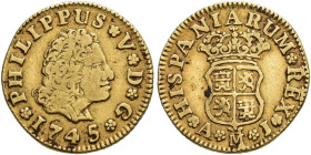 FELIPE V. 1/2 escudo. 1745. Madrid. AJ. AU 1,66 g. 13,2 mm. VI-1280. MBC.