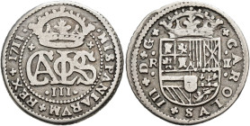 CARLOS III, PRETENDIENTE. 2 reales. 1711. Barcelona. AR 4,68 g. 26,6 mm. VI-25, MBC-.