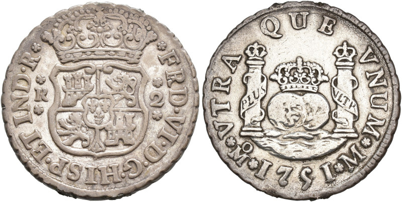 FERNANDO VI. 2 reales. 1751. México. M. AR 6,66 g. 26,6 mm. VI-227. 3 soldaduras...