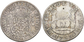 FERNANDO VI. 4 reales. 1755. Lima. JD. AR 13,02 g. 32,8 mm. VI-280. Hojita y fina raya en rev. MBC-/BC+.