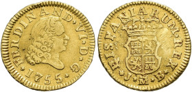 FERNANDO VI. 1/2 escudo. 1755. Madrid. JB. AU 1,72 g. 14,3 mm. VI-413. Golpecitos en anv. y rozadura en rev. MBC.