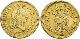 FERNANDO VI. 1/2 escudo. 1757. Madrid. JB. AU 1,7 g. 14,8 mm. VI-416. Resello 4 glóbulos en rev. Rozadura en anv. MBC-/MBC.