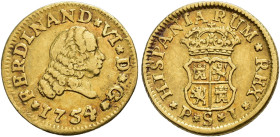 FERNANDO VI. 1/2 escudo. 1754. Sevilla. PJ. AU 1,78 g. 14,1 mm. VI-428. Rozadura en anv. MBC+.