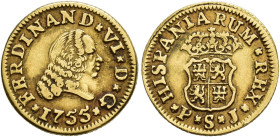 FERNANDO VI. 1/2 escudo. 1755. Sevilla. PJ. AU 1,76 g. 14,5 mm. VI-429. Golpecito en canto. MBC.