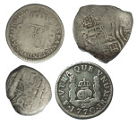 CARLOS III. Lote de 4 piezas de 1 real. Una con agujero tapado. BC+/MBC.