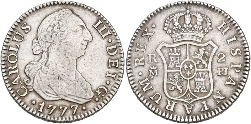 CARLOS III. 2 reales. 1777. Madrid. JP. AR 5,81 g. 26,3 mm. VI-536. MBC.