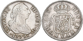 CARLOS III. 2 reales. 1777. Madrid. JP. AR 5,81 g. 26,3 mm. VI-536. MBC.