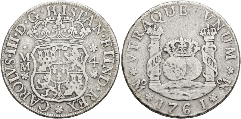 CARLOS III. 4 reales. 1761. México. MM. AR 13,25 g. 31,6 mm. VI-744. Finas rayas...