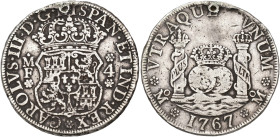 CARLOS III. 4 reales. 1767. México. MF. AR 13,24 g. 32,3 mm. VI-753. Agujero, golpes en canto y rayitas. MBC-.