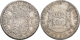 CARLOS III. 4 reales. 1770. México. MF. AR 13,33 g. 32,2 mm. VI-756. Soldadura en canto. MBC-.