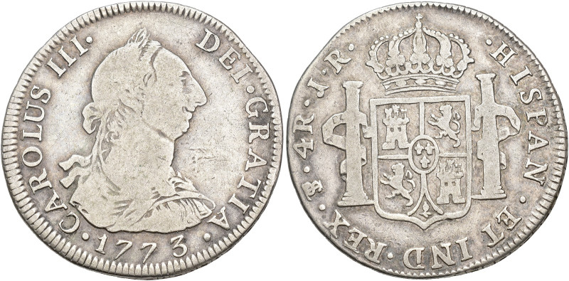 CARLOS III. 4 reales. 1773. México. JR. AR 13,21 g. 34,7 mm. VI-797. Pequeñas ma...