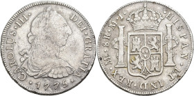 CARLOS III. 8 reales. 1775. Lima. MJ. AR 26,65 g. 40 mm. VI-891. Pequeñas marcas. BC+/MBC-.