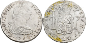 CARLOS III. 8 reales. 1784. Lima. MI. AR 26,82 g. 39,3 mm. VI-901. Oxidaciones limpiadas. MBC+.