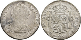CARLOS III. 8 reales. 1788. Lima. IJ. AR 26,9 g. 39,8 mm. VI-906. Golpes en canto. MBC-.