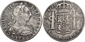 CARLOS III. 8 reales. 1788. Lima. IJ. AR 26,65 g. 39,3 mm. VI-906. Pátina gris. BC+/MBC-.