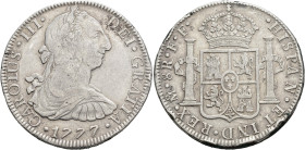 CARLOS III. 8 reales. 1777. México. FF. AR 26,74 g. 38,8 mm. VI-939. Raya en anv. y golpes en canto. MBC-.