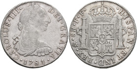 CARLOS III. 8 reales. 1781. México. FF. AR 26,78 g. 38,9 mm. VI-944. MBC-.
