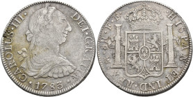 CARLOS III. 8 reales. 1783. México. FF. AR 26,65 g. 38,8 mm. VI-946. Hojita en anv. MBC-.
