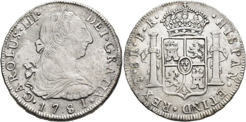 CARLOS III. 8 reales. 1781. Potosí. PR. AR 26,81 g. 39,9 mm. VI-989. Concrecione...