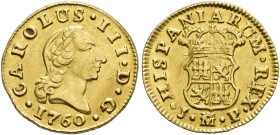 CARLOS III. 1/2 escudo. 1760. Madrid. JP. AU 1,76 g. 14,8 mm. VI-1040. Raya en anv. y rayas de ajuste en anv. y re. MBC+.