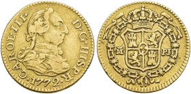 CARLOS III. 1/2 escudo. 1772. Sevilla. PJ. AU 1,76 g. 14,8 mm. VI-1053. Pequeñas marcas. MBC/MBC-.