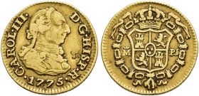 CARLOS III. 1/2 escudo. 1775. Madrid. PJ. AU 1,78 g. 14,7 mm. VI-1056. Resello de 4 glóbulos en anv. MBC-.