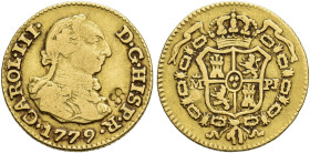 CARLOS III. 1/2 escudo. 1779. Madrid. PJ. AU 1,74 g. 14,6 mm. VI-1060. Resello de 4 glóbulos en anv. MBC-.
