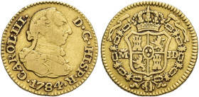 CARLOS III. 1/2 escudo. 1784. Madrid. JD. AU 1,73 g. 14,6 mm. VI-1063. Rayita en anv. MBC-.