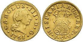 CARLOS III. 1/2 escudo. 1761. Sevilla. JV. AU 1,78 g. 15,1 mm. VI-1070. Ligeramente alabeada. MBC-/MBC.