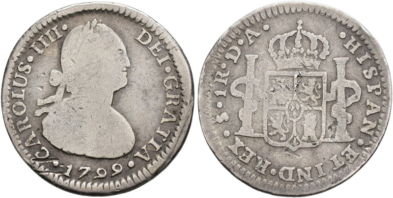 CARLOS IV. Real. 1799. Santiago. DA. AR 2,96 g. 20,08 mm. VI-431. Pequeñas marca...