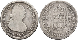 CARLOS IV. Real. 1799. Santiago. DA. AR 2,96 g. 20,08 mm. VI-431. Pequeñas marcas. BC+.