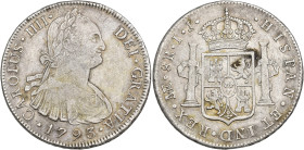 CARLOS IV. 8 reales. 1793. Lima. IJ. AR 26,62 g. 40,9 mm. VI-755. Ligeramente gratada. MBC.