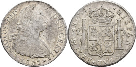 CARLOS IV. 8 reales. 1801. Lima. IJ. AR 26,21 g. 38,8 mm. VI-763. Leves oxidaciones. Rayitas de ajuste en rev. MBC+/MBC.