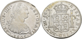 CARLOS IV. 8 reales. 1805. Lima. JP. AR 26,91 g. 40,2 mm. VI-768. Pequeña rayita de acuñación en gráfila.