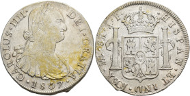 CARLOS IV. 8 reales. 1807. Lima. JP. AR 26,8 g. 39 mm. VI-770. Limpieza en canto. MBC-/MBC.
