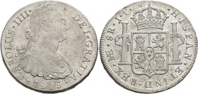 CARLOS IV. 8 reales. 1808. Lima. JP. AR 27,29 g. 39,9 mm. VI-771. Rozadura en anv. R.B.O. MBC+/EBC-.
